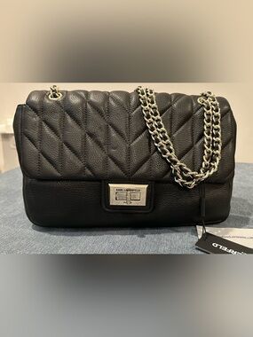 NWT Karl Lagerfeld Black Leather Quilted Chain Shoulder Bag